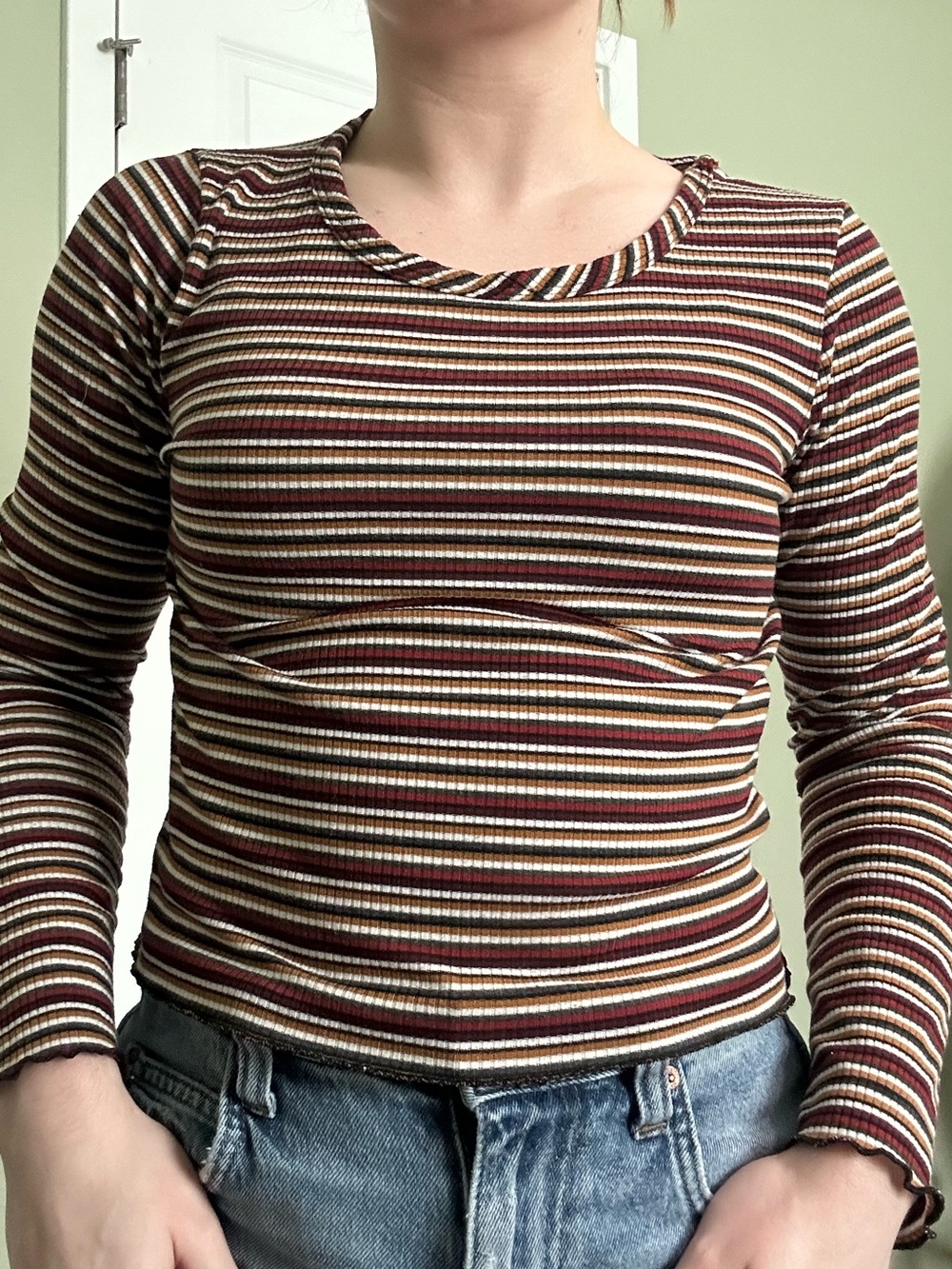 Striped Long-Sleeve Ribbed Top in Burgundy Multi